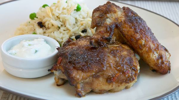 Tamarind chicken with almond pilaf