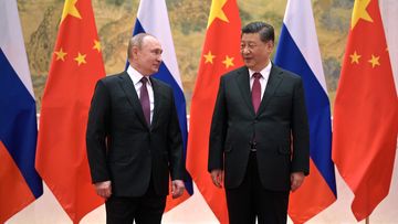 Chinese President Xi Jinping, right, and Russian President Vladimir Putin pose for a photo prior to their talks in Beijing, China, Friday, Feb. 4, 2022. Russian President Vladimir Putin is in Beijing for the Winter Olympics and talks with his Chinese counterpart Xi Jinping, amid soaring tensions with Ukraine.