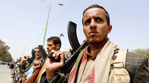 Supporters of Houthi rebels take part in a gathering to mobilize more fighters into the port city of Hodeidah, in Sana'a, Yemen