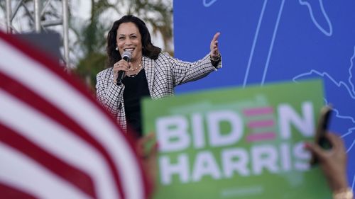 Democratic vice presidential candidate Sen. Kamala Harris, D-Calif., speaks during a drive-in get out the vote rally at Palm Beach State College in Lake Worth, Fla (October 2020)