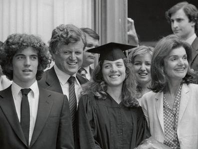 Caroline Kennedy at her graduation from Radcliffe in 1980 with John F. Kennedy Jr,. Senator Edward Kennedy, Caroline and her mother Jacqueline.