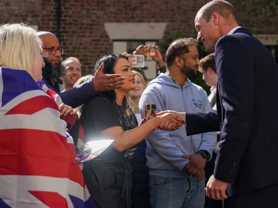 Prince William, Prince of Wales speaks with well wishers after he visits James' Place Newcastle on April 30, 2024 in Newcastle upon Tyne, England. 