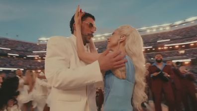 Lady Gaga performs with Bad Bunny during the Apple Music Super Bowl LX Halftime Show at Levi's Stadium on February 8, 2026 in Santa Clara, California. 