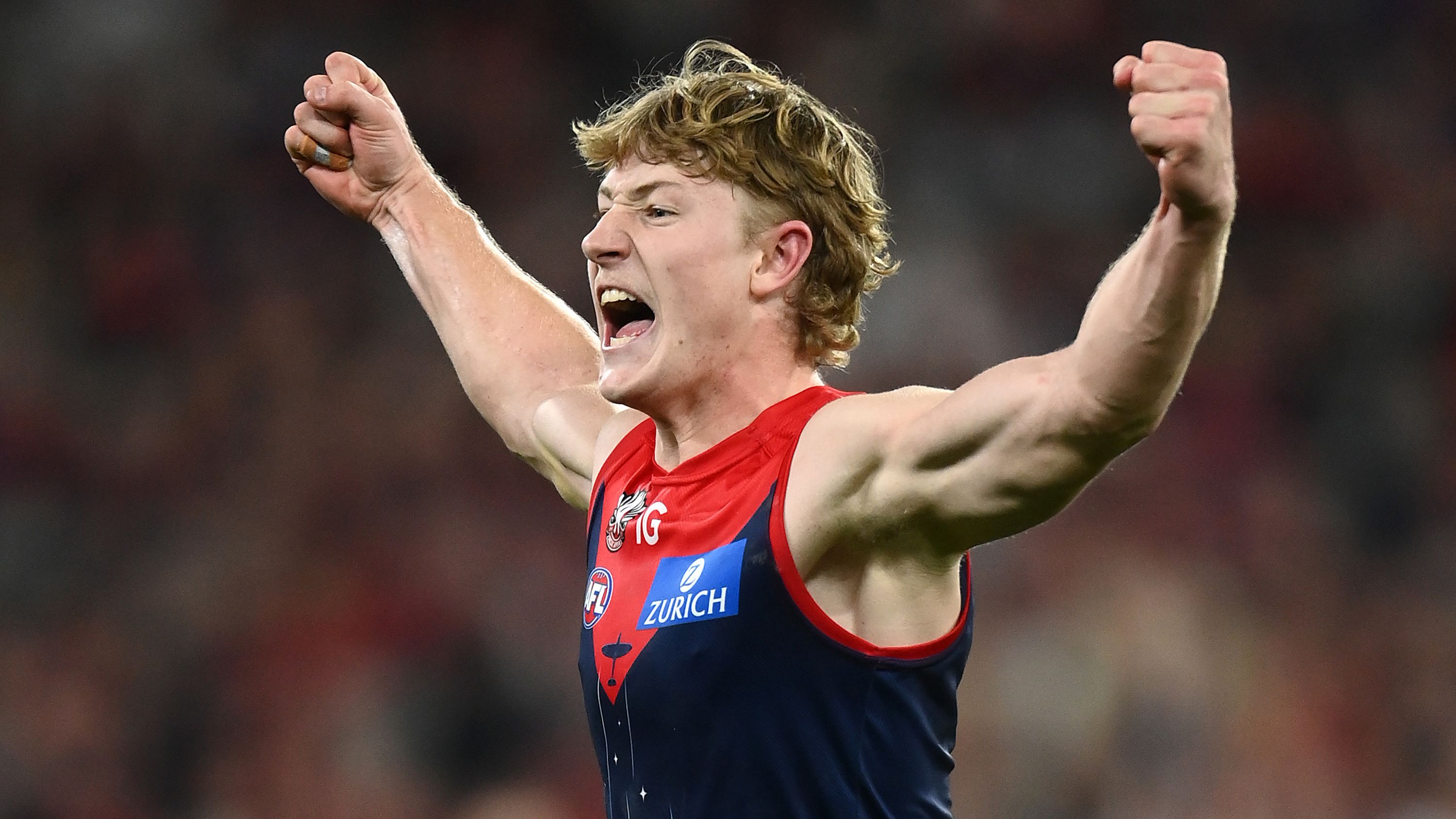 MELBOURNE, AUSTRALIA - APRIL 24: Jacob Van Rooyen of the Demons celebrates kicking a goal during the round six AFL match between Melbourne Demons and Richmond Tigers at Melbourne Cricket Ground, on April 24, 2023, in Melbourne, Australia. (Photo by Quinn Rooney/Getty Images)
