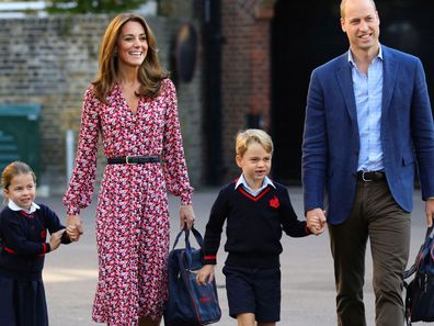 Britain's Princess Charlotte, left, with her brother Prince George and their parents Prince William and Kate, Duchess of Cambridge, arrives for her first day of school at Thomas's Battersea in London, Thursday Sept. 5, 2019