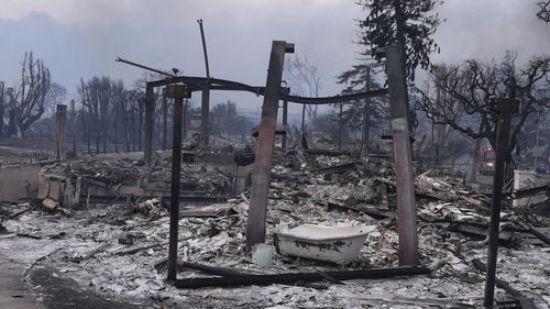 The Palisades Fire ravages a neighborhood amid high winds in the Pacific Palisades neighborhood of Los Angeles, Wednesday, Jan. 8, 2025. (AP Photo/Damian Dovarganes)