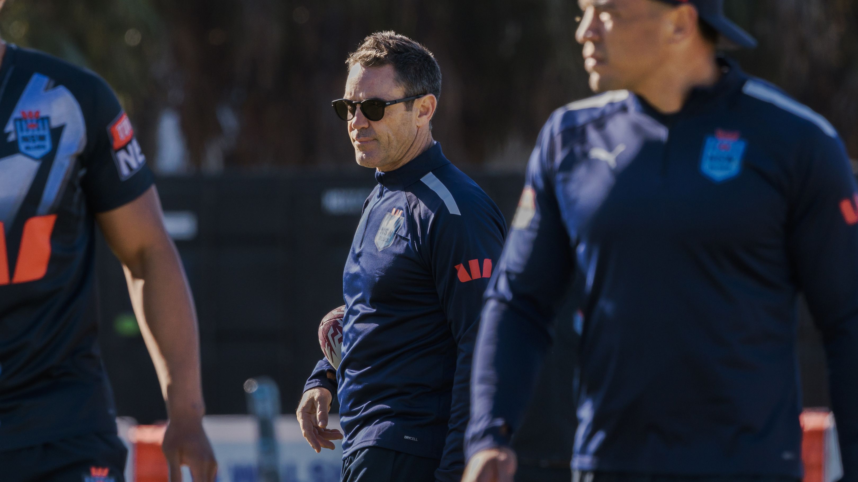 Blues coach Brad Fittler looks on during training.