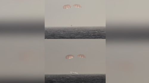 A picture tweeted by Space X founder Elon Musk of the unmanned cargo spacecraft Dragon returning to Earth in waters just off California. (Twitter)