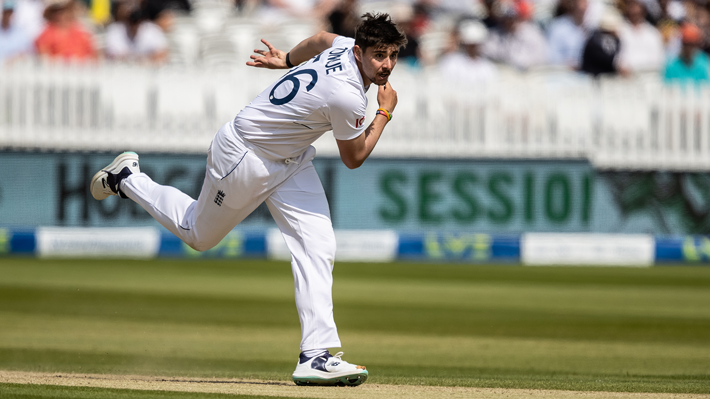 Josh Tongue runs in to bowl on day three of the Test match between England and Ireland at Lords.