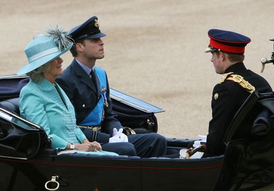  Prince Harry, Prince William and Camilla, Duchess of Cornwall arrive for the Trooping The Colour ceremony on June 13, 2009 in London, England