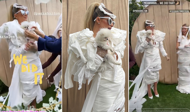 Paris Hilton wedding: Reality star wears toilet paper wedding dress at  bridal brunch