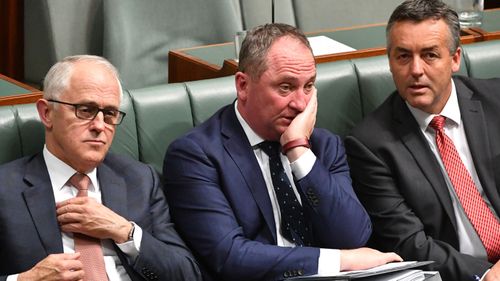 Prime Minister Malcolm Turnbull, Deputy Prime Minister Barnaby Joyce and Minister for Infrastructure Darren Chester (AAP Image/Mick Tsikas) 