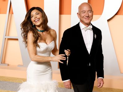 Lauren Sanchez and Jeff Bezos attend the 2025 Vanity Fair Oscar Party at Wallis Annenberg Center for the Performing Arts on March 2, 2025 in Beverly Hills, California.  
