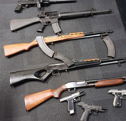 Police seized a Colt AR 15 .223 assault rifle; two SKS .762 assault rifles; a sawn-off .22 Ruger rifle and suppressor; a Bentley 12-gauge shotgun.