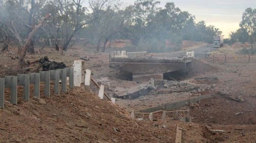 A bridge has been destroyed after a truck explosion near Charleville. (QLD Police)