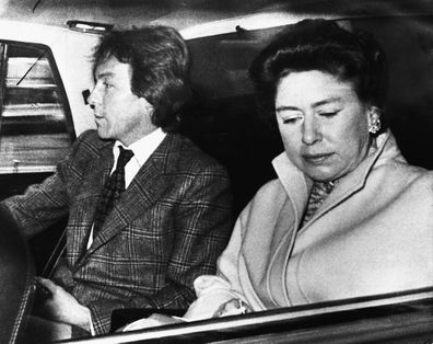 Princess Margaret and her companion Roddy Llewellyn on their way to Heathrow Airport before departing for a holiday in the Caribbean. 