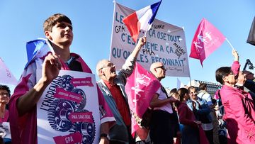 Participants wave flags as they take part in a demonstration organised by the movement 'La Manif pour tous' against what are seen as 'new offensives against the family and education' on the Trocadero, in Paris on October 16, 2016. (AFP)