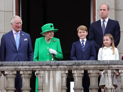 Camilla, Duchess of Cornwall, Prince Charles, Prince of Wales, Queen Elizabeth II, Prince George of Cambridge, Prince William, Duke of Cambridge, Princess Charlotte of Cambridge, Catherine, Duchess of Cambridge and Prince Louis of Cambridge on the balcony of Buckingham Palace during the Platinum Jubilee Pageant on June 05, 2022 in London, England. The Platinum Jubilee of Elizabeth II is being celebrated from June 2 to June 5, 2022, in the UK and Commonwealth to m