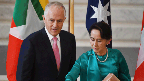 Myanmar State Counsellor Aung San Suu Kyi meets Prime Minister Malcolm Turnbull in Canberra on Monday, March 19. (AAP)