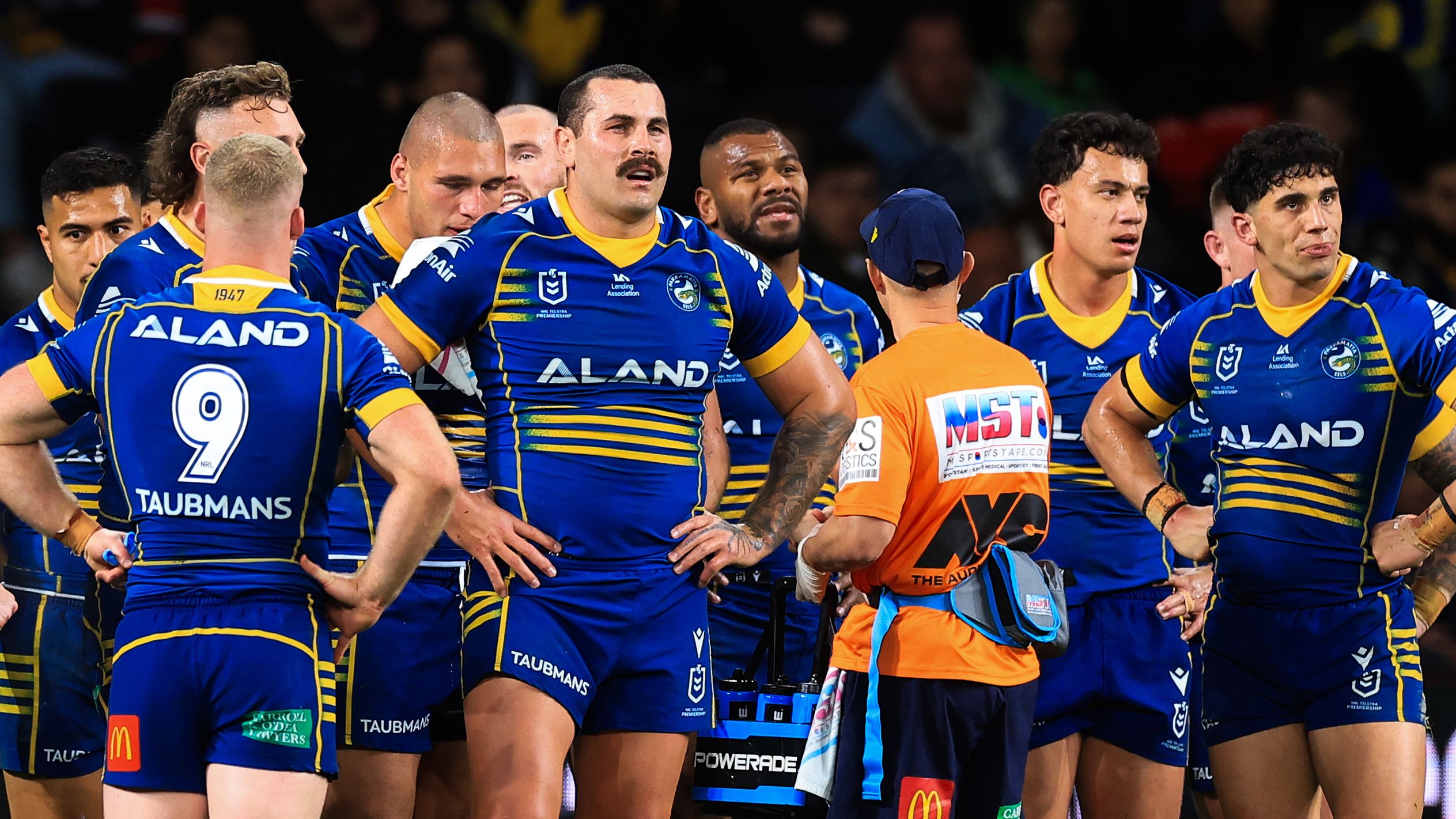 Eels players look on after a Roosters try during the round 25 NRL match between Parramatta Eels and Sydney Roosters at CommBank Stadium on August 18, 2023 in Sydney, Australia. (Photo by Mark Evans/Getty Images)