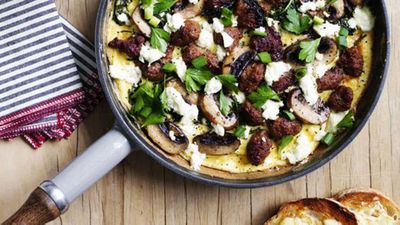<strong>Sausage, kale, mushroom and feta omelette</strong>