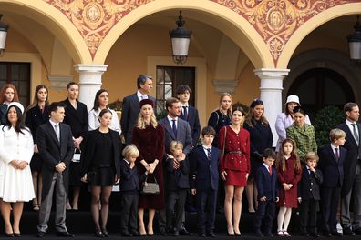 Members of the Monaco royal family attend a ceremony, at the Prince's Palace of Monaco marking National Day, in Monaco, Sunday, Nov. 19, 2023. (Valery Hache, Pool via AP)