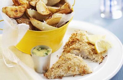 Coconut fish and chips with lemon coriander mayo