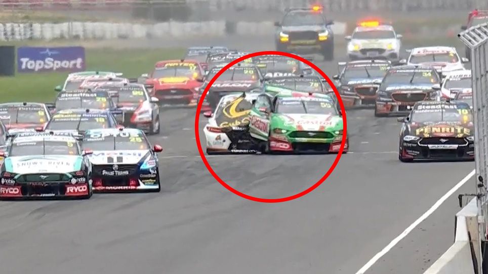 Andre Heimgartner and Thomas Randle have walked away from this monster start line shunt at Tailem Bend in the Supercars.