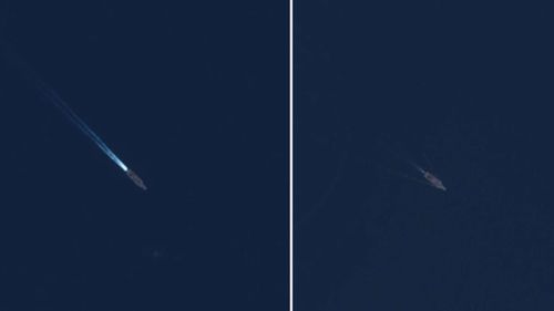 The USS Gerald R. Ford's wake pictured yesterday (left) versus its wake in the Adriatic (right) last week