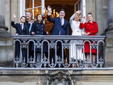 King Frederik X with Queen Mary, Crown Prince Christian, Princess Isabella, Prince Vincent and Princess Josephine enters the balcony on Amalienborg Castle after his proclamation on January 14, 2024 in Copenhagen, Denmark. 