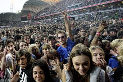 30,000 fans turned out to see US rock band Foo Fighters at AAMI Park in Melbourne, the first concert to be staged at the city's newest stadium. 2 December 2011.  