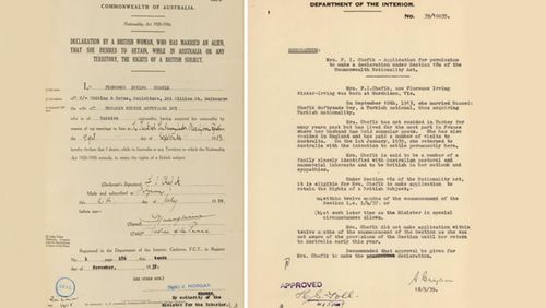 Florence's declaration (left) to reclaim her lost rights and her lawyer's letter to prime minister Stanley Bruce, seeking his intervention.
