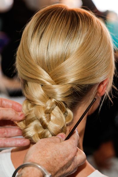 Hair
was braided at the back then tucked under at Marchesa.