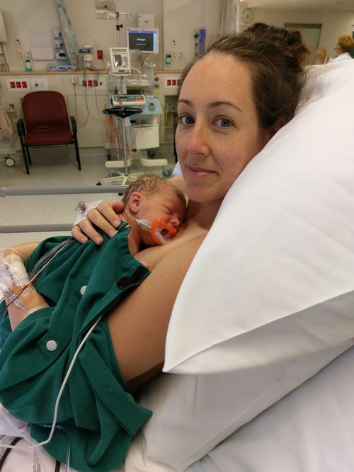 Robyn Birkin after giving birth to Olivia at 37 weeks. Picture: Supplied