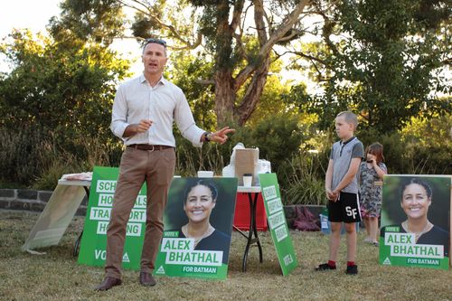 Greens Leader Senator Richard Di Natale speaks at a breakfast with Greens candidate for Batman Alex Bhathal and Northcote MP Lidia Thorpe at Penders Park, Thornbury in Melbourne, Sunday, March 11, 2018. The March 17 by-election in the electorate of Batman will see the Green€™s six time candidate Alex Bhathal against ACTU president Ged Kearney running for Labor. (AAP Image/Stefan Postles)