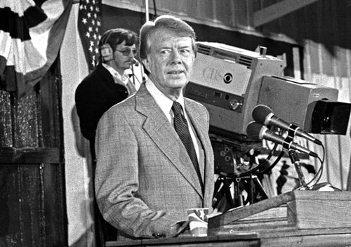 United States President-elect Jimmy Carter holds a post-election press conference in Plains, Georgia on November 3, 1976