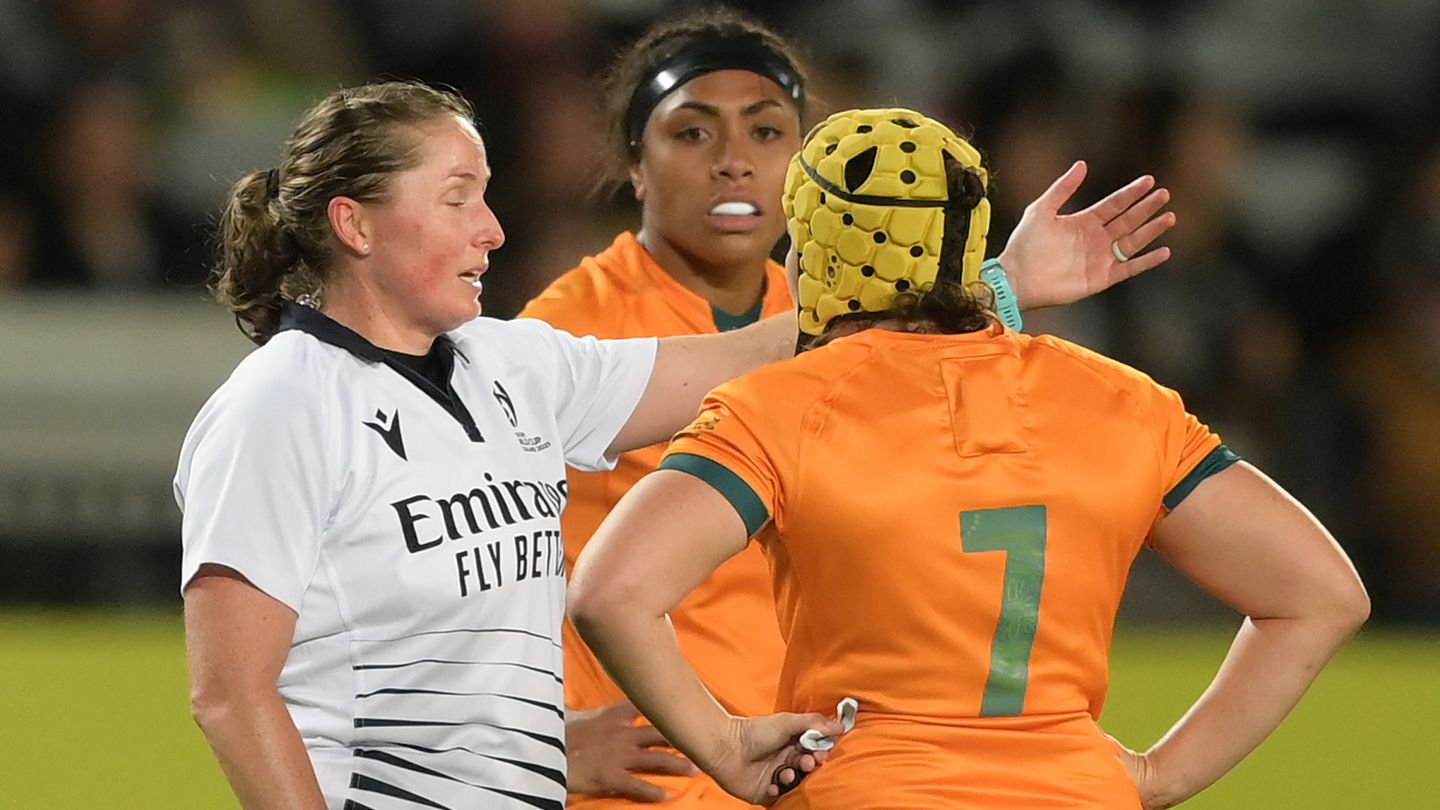 Shannon Parry of Australia receives a yellow card from referee Aimee Barrett-Theron.