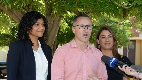 Greens' Northcote candidate Lidia Thorpe (R) with Samantha Ratnam (L) and Richard Di Natale during a press conference at the State by-election for the Northcote District at Thornbury Primary school in Melbourne. (AAP)