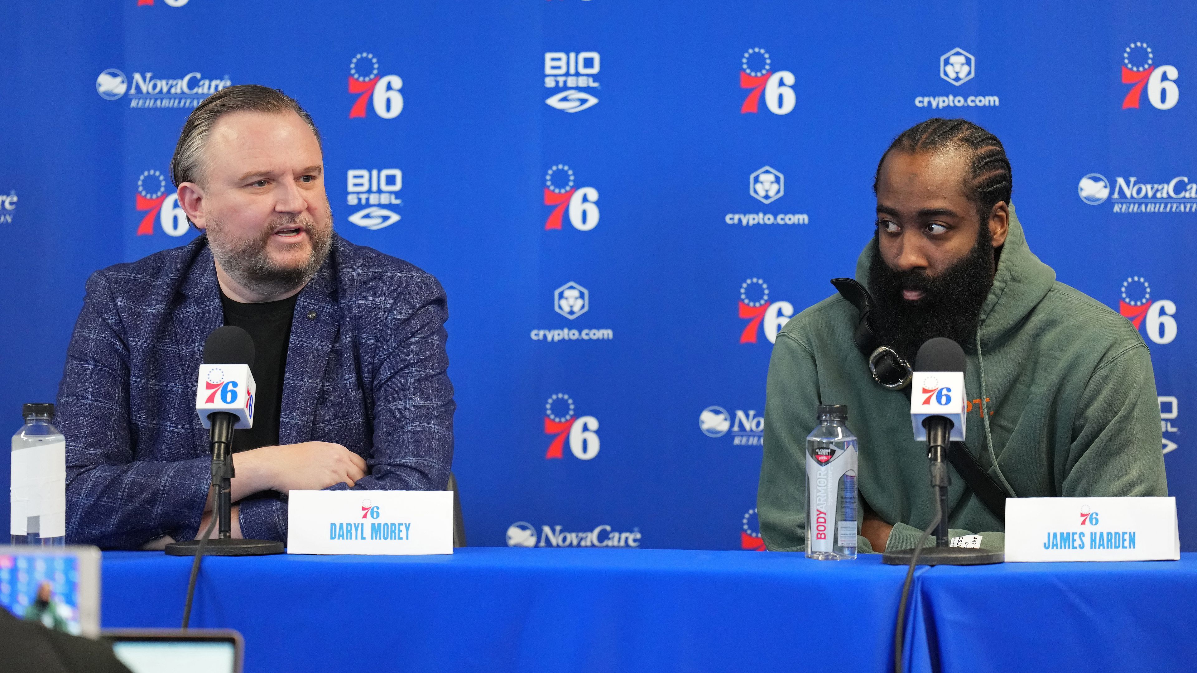 CAMDEN, NJ - FEBRUARY 15: Daryl Morey, President of Basketball Operations and James Harden #1 of the Philadelphia 76ers speak to the media during a press conference on February 15, 2022 at Philadelphia 76ers Training Complex in Camden, New Jersey. NOTE TO USER: User expressly acknowledges and agrees that, by downloading and/or using this Photograph, user is consenting to the terms and conditions of the Getty Images License Agreement. Mandatory Copyright Notice: Copyright 2022 NBAE (Photo by Jess
