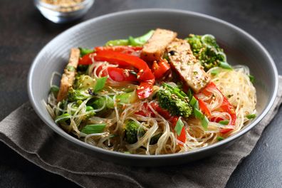 Glass noodles with  stir fry meat, food closeup