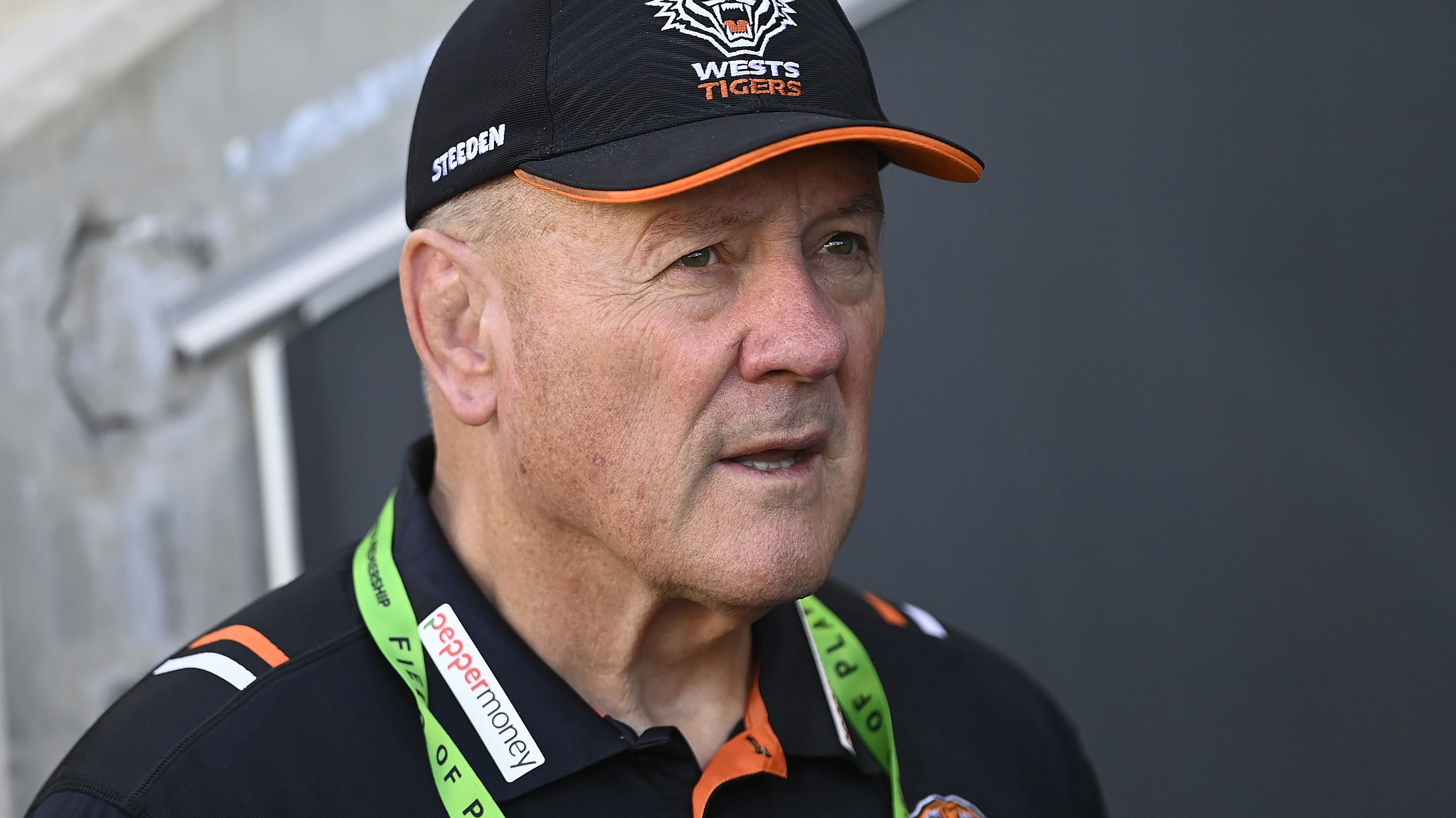 Tigers coach Tim Sheens looks on before the start of the round 18 NRL match between North Queensland Cowboys and Wests Tigers at Qld Country Bank Stadium on July 01, 2023 in Townsville, Australia. (Photo by Ian Hitchcock/Getty Images)