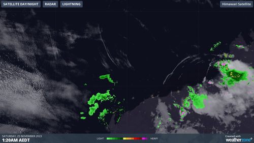 The purple shading in one satellite image indicates the weakening of thunderstorms.