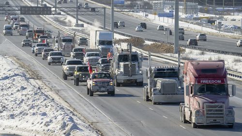 A trucker convoy driving to Parliament Hill in Ottawa to participate in a cross-country truck convoy protesting measures taken by authorities to curb the spread of COVID-19 and vaccine mandates makes it's way on the highway near Kanata, Ontario, Canada, on Saturday, Jan. 29, 2022. 