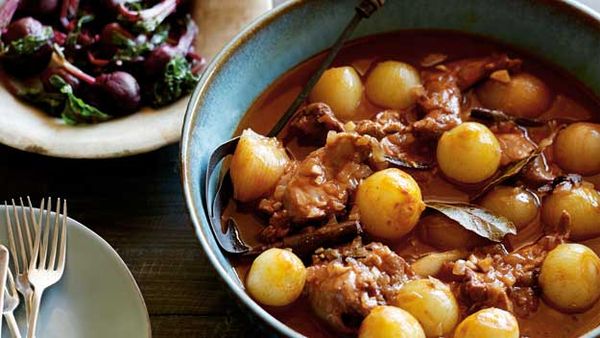 Rabbit stewed in tomato, red wine and onion
