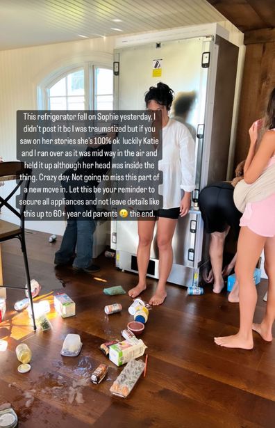 Olivia Culpo saves sister from fridge. Photo shows sister Katie looking shocked while posing next to fridge and looking at ingredients strewn on the floor.
