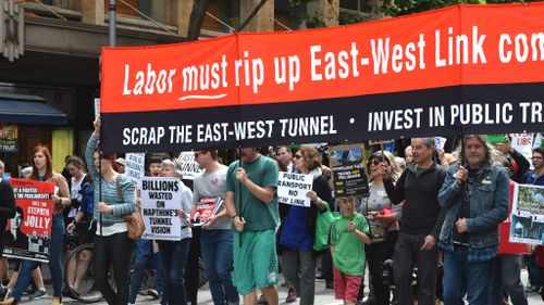 Marchers protest the East West link. (AAP)