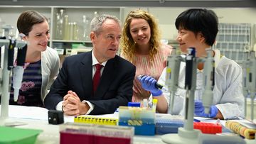 Bill Shorten speaks to Dr Jing Jing at the Protemics Laboratory at Flinders University College of Medicine in Adelaide