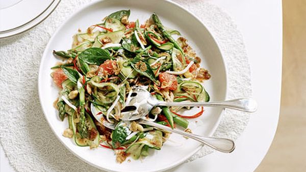 Ruby grapefruit, asparagus, cashew and coconut salad with chilli jam