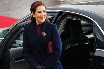 Denmark's Queen Mary arrives with King Frederik X, not in the picture, at the Presidential Palace in Helsinki, Finland, Tuesday, March 4, 2025. (Ida Marie Odgaard/Ritzau Scanpix via AP)