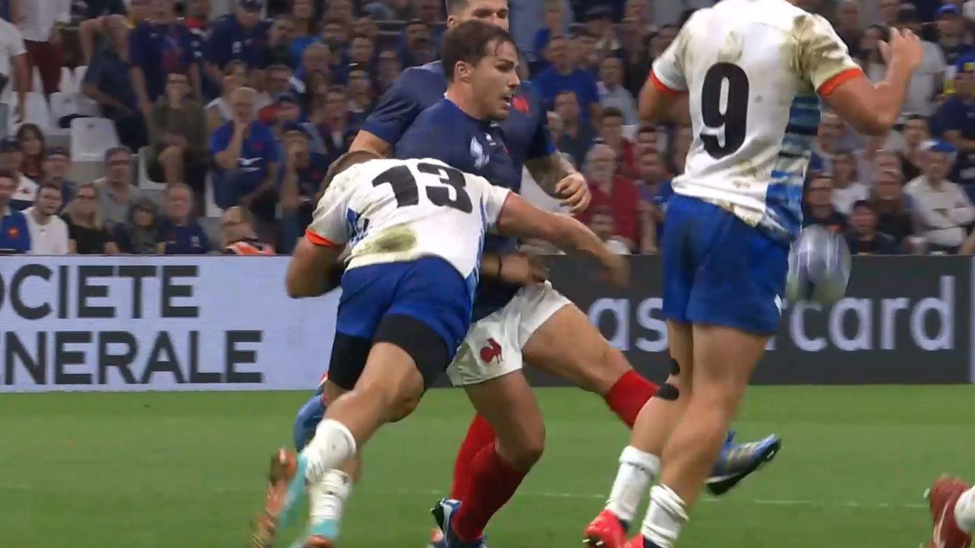 Antoine Dupont put in an inch-perfect cross kick just moments before copping a crushing tackle